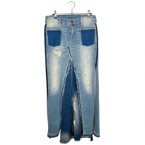 True Religion Distressed Pieced Patchwork Denim Maxi Skirt - Picture 1 of 11